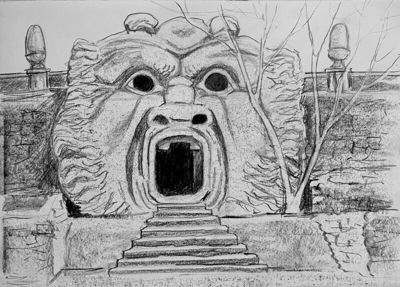 Stone Face Cave Sculpture, Naples, in Pencil