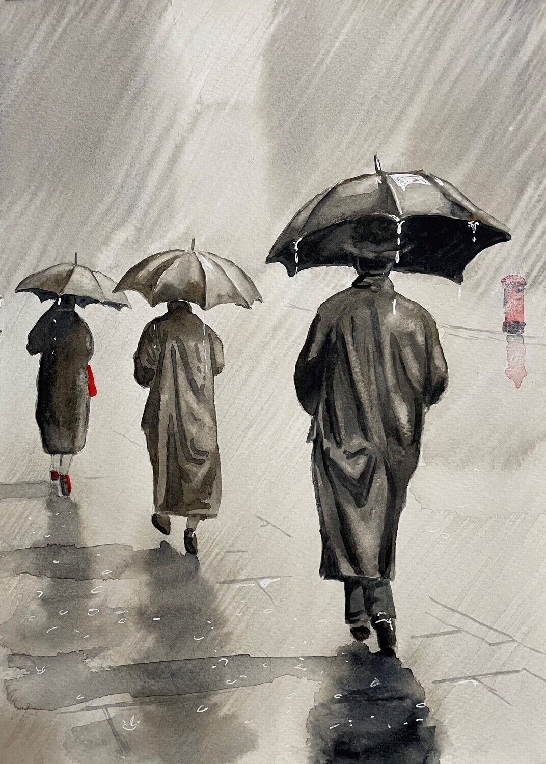 People in the Rain in Watercolour