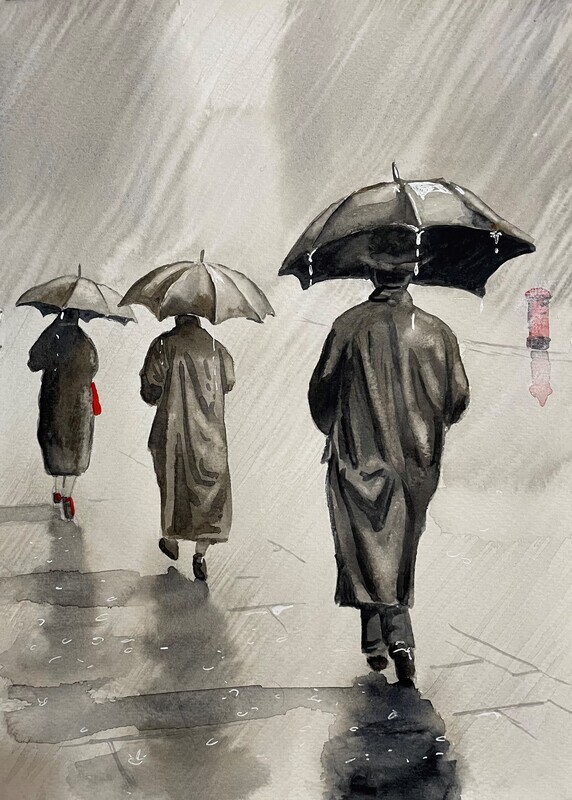People in the Rain in Watercolour