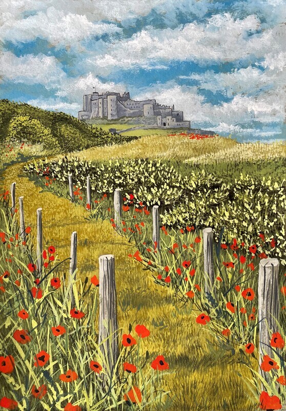 Bamburgh Castle with Field and Poppies in Gouache