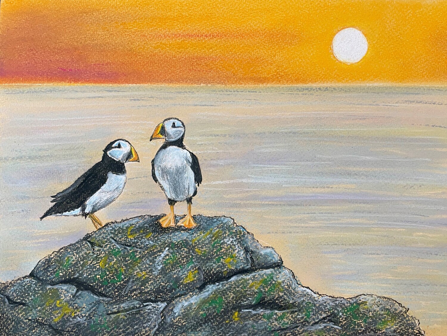 Puffins on a Rock at Sunset in Pastels