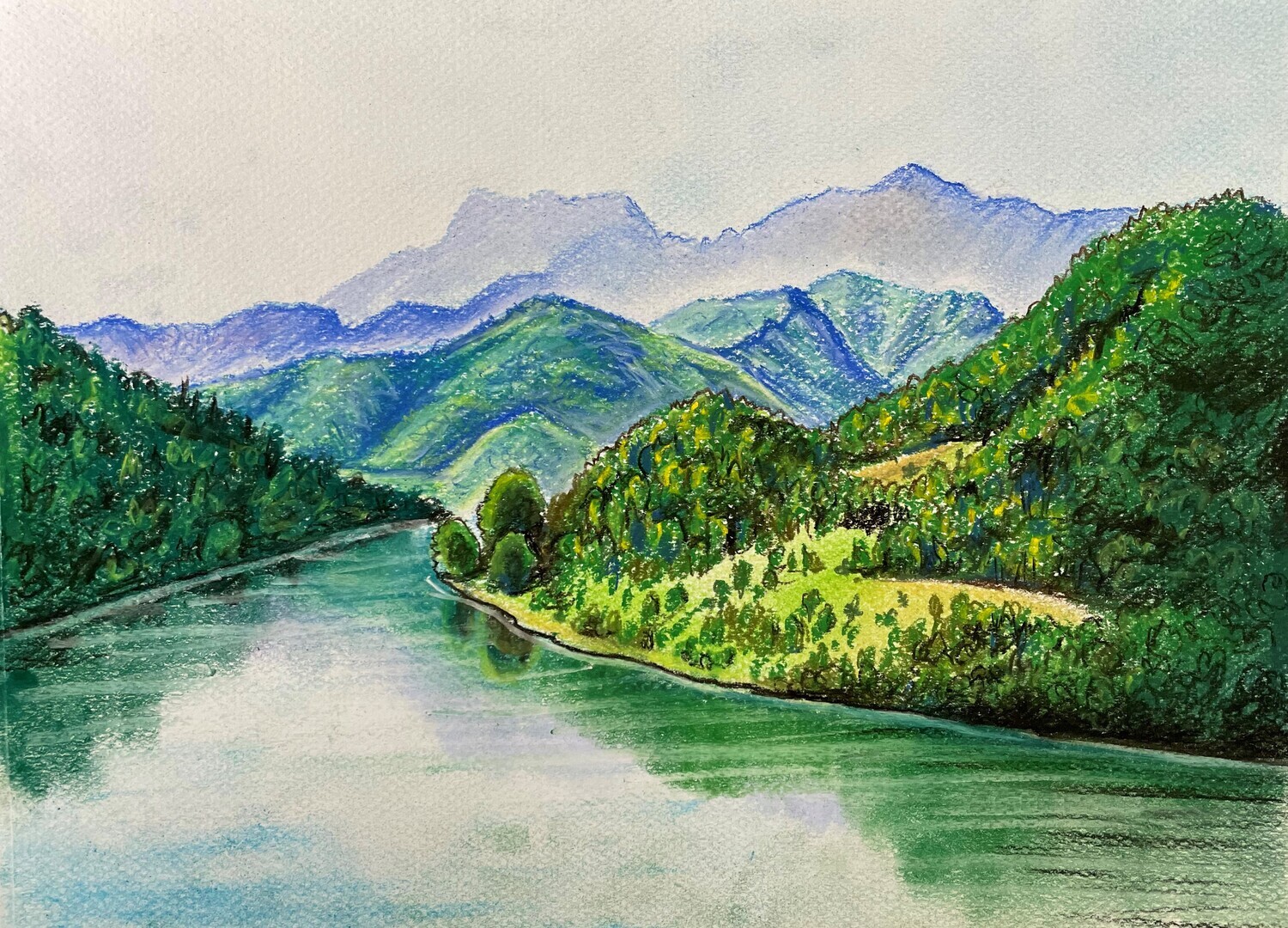 Layers of Mountains and a Lake in Blues in Pastels