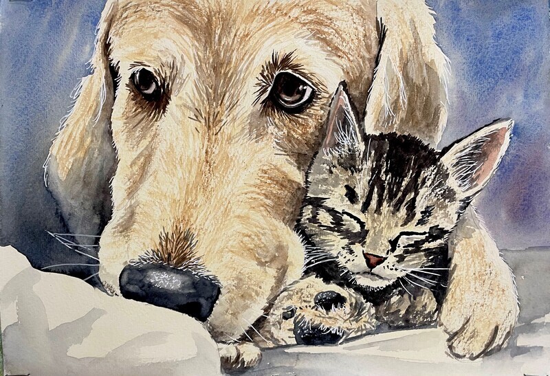 Labrador and Kitten in Watercolour