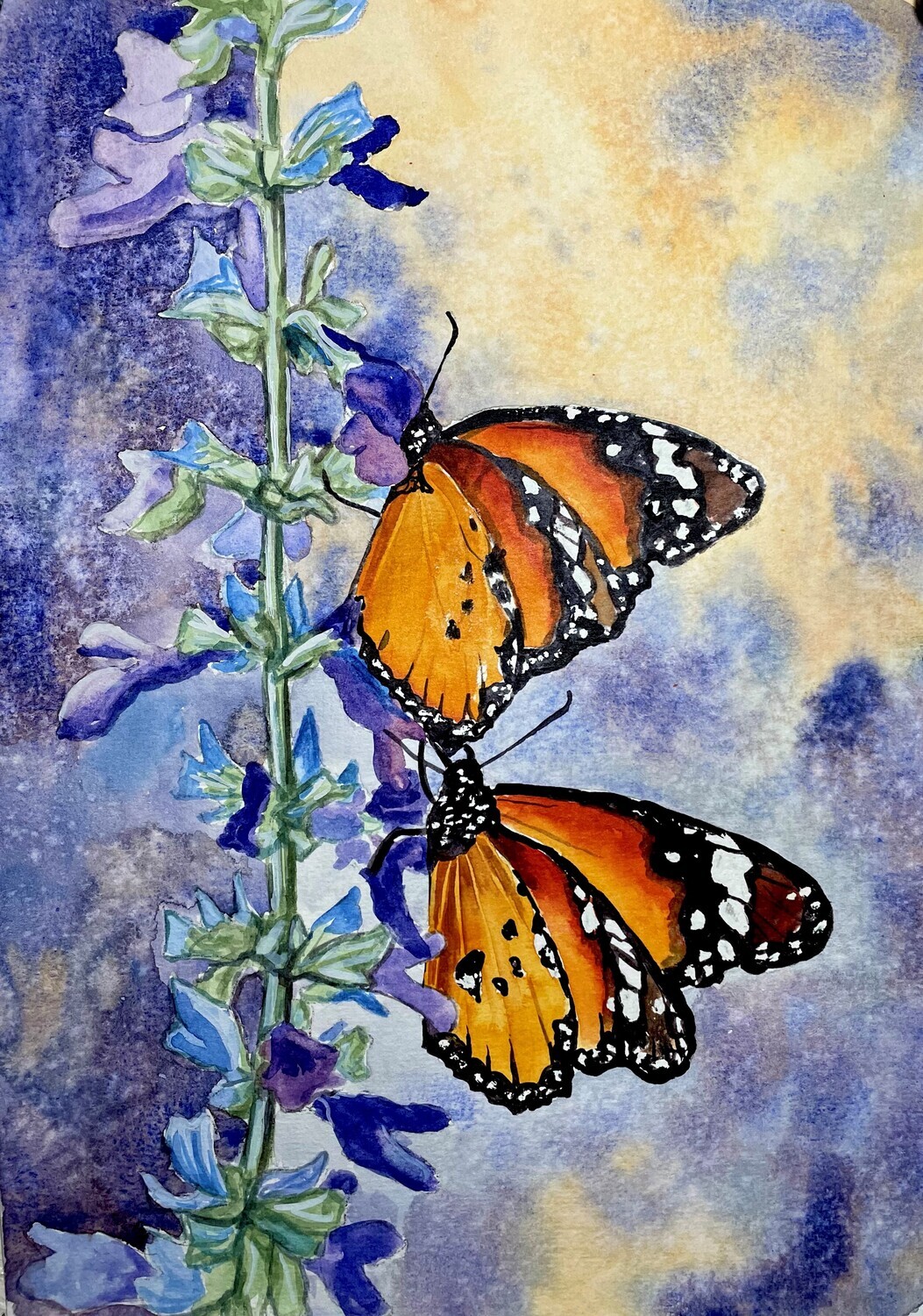 Vibrant Orange Butterflies on Purple Flowers in Watercolour