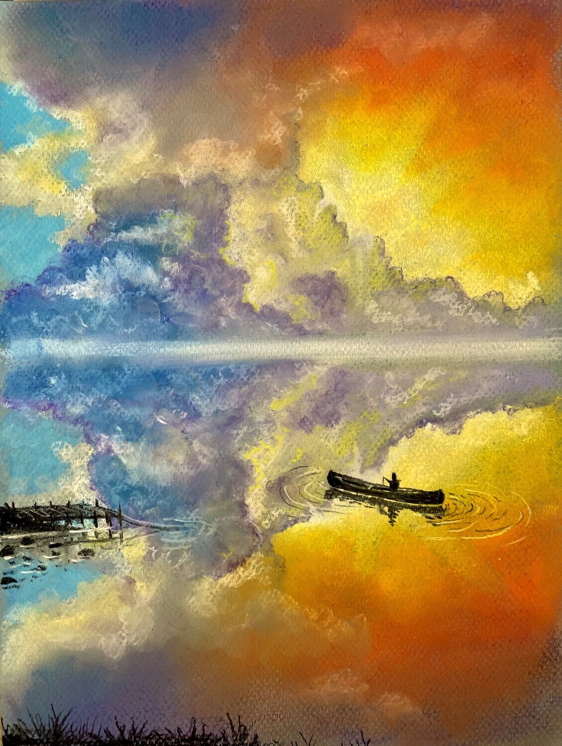 Perfect Evening Reflections and a Fishing Boat in Pastels