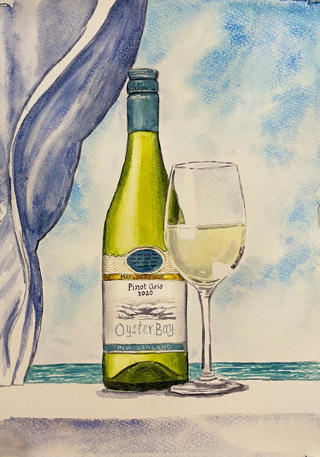 Bottle of Pinot and a Glass in Watercolour