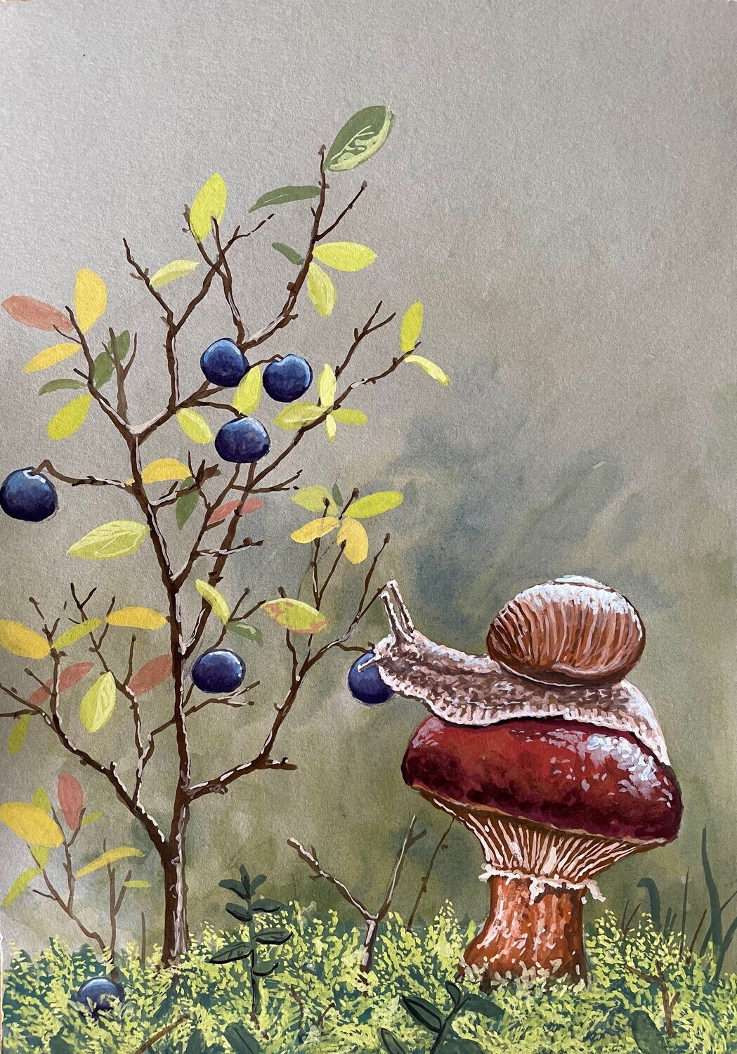 Snail on a Toadstool in Gouache