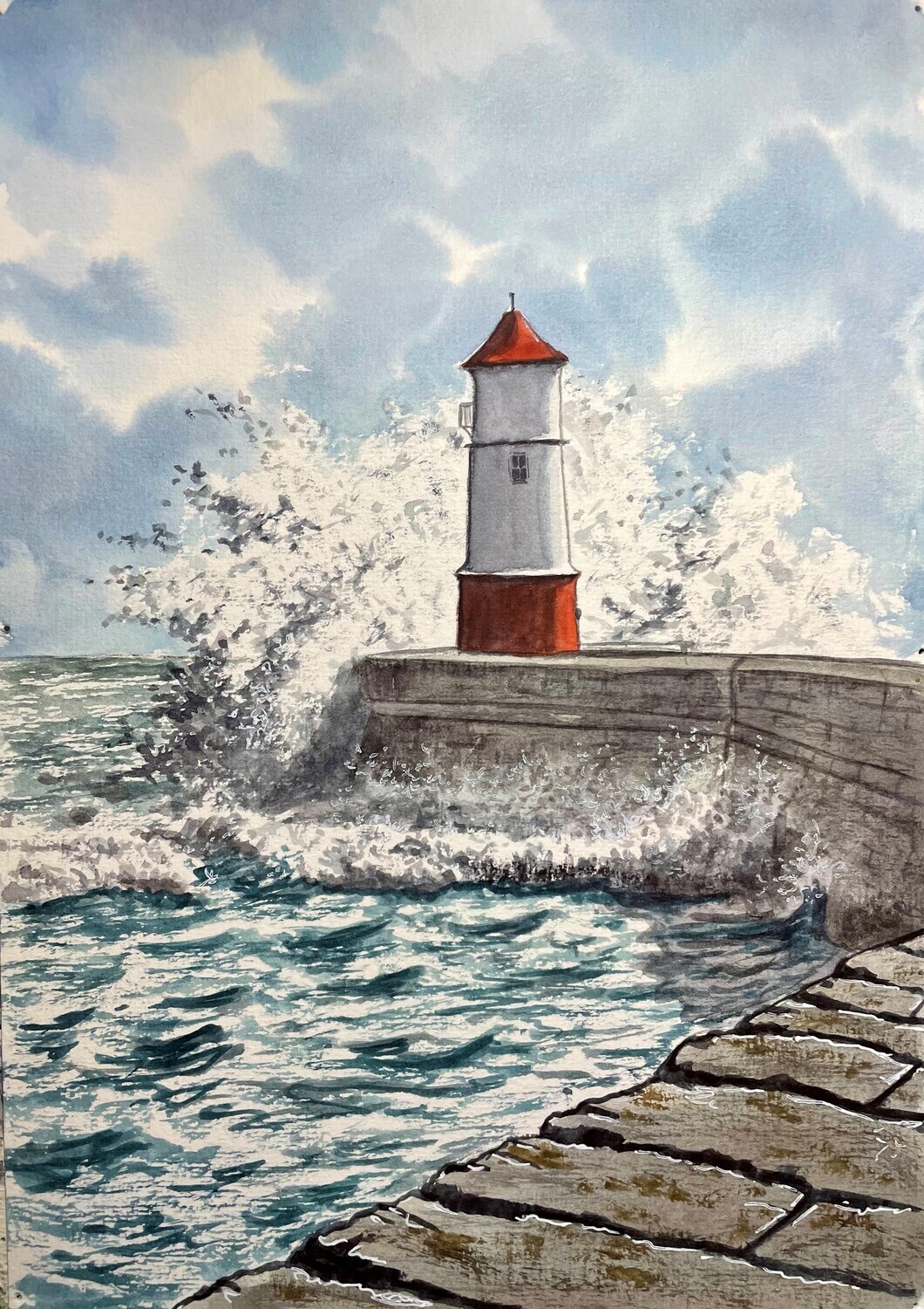 Waves Crashing Around a Lighthouse in Watercolour