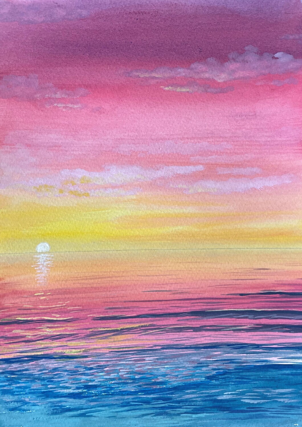 Coastal Sunet in Pinks and Yellows in Gouache