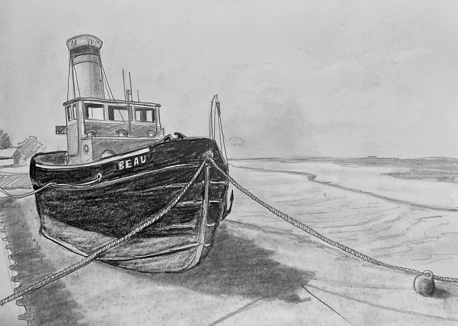 Fishing Boat with a Chimney Up Close in Pencil