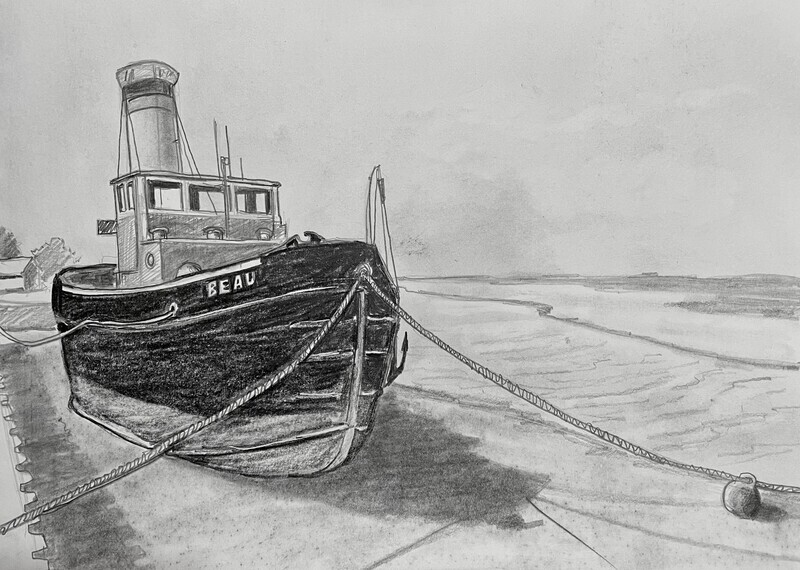 Fishing Boat with a Chimney Up Close in Pencil
