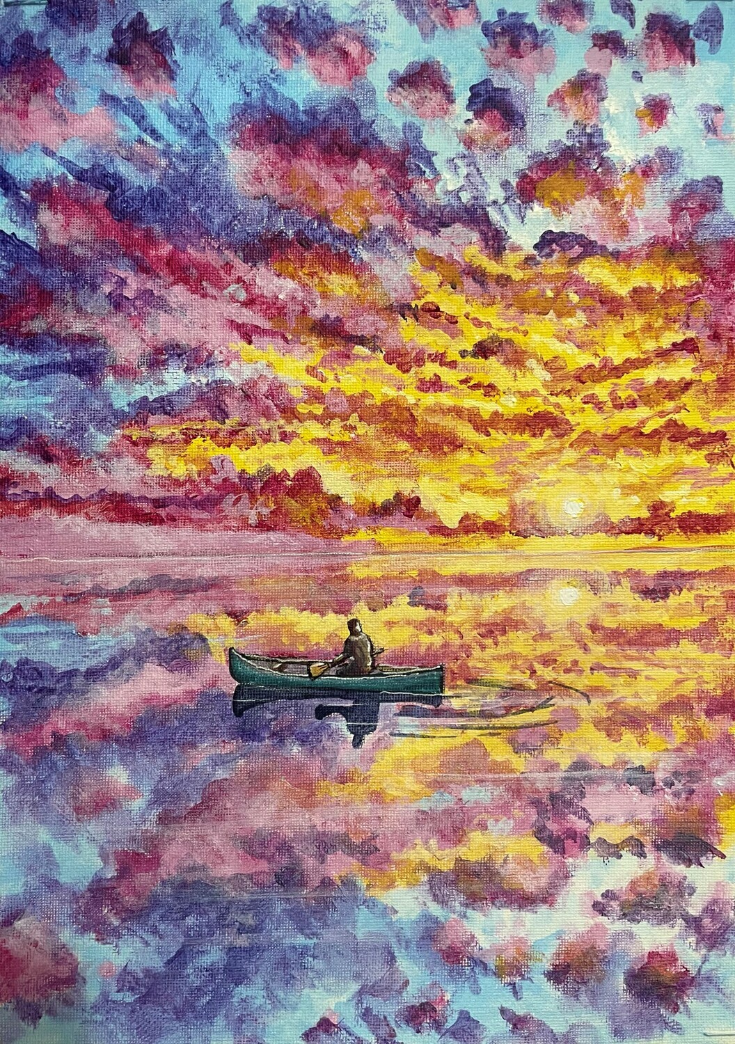Boat on a Lake with Vibrant Cloudy Sunset with Reflection in Acrylics