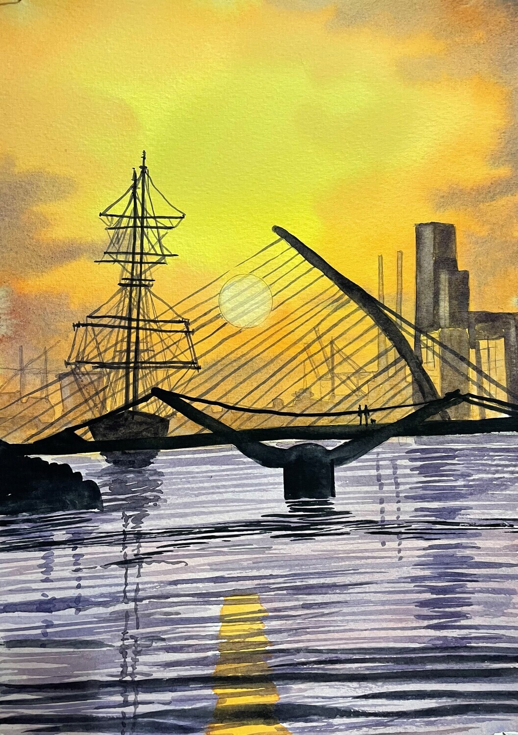Sunset on a Working Harbour in Watercolour
