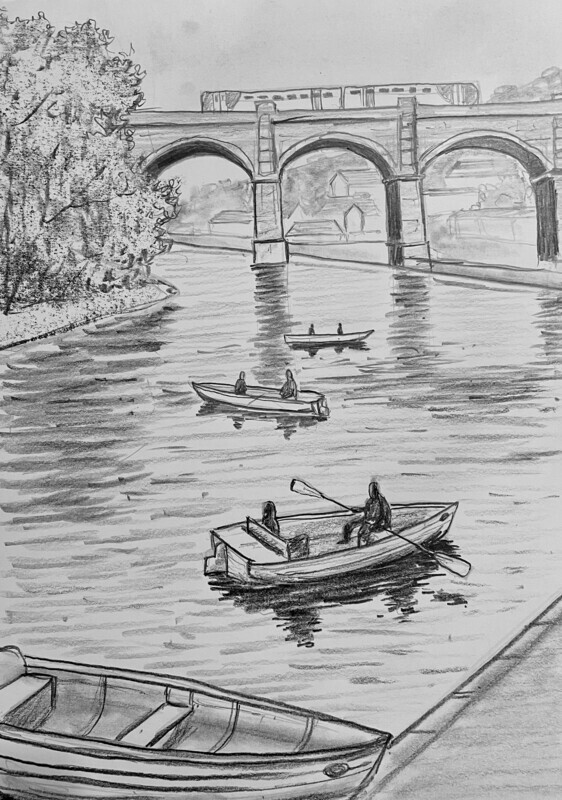 Viaduct, River, and Boats on the River Nidd at Knaresborough in Pencil