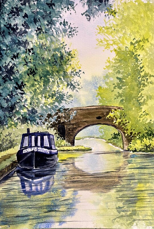 Canal Boat and Bridge in Watercolour