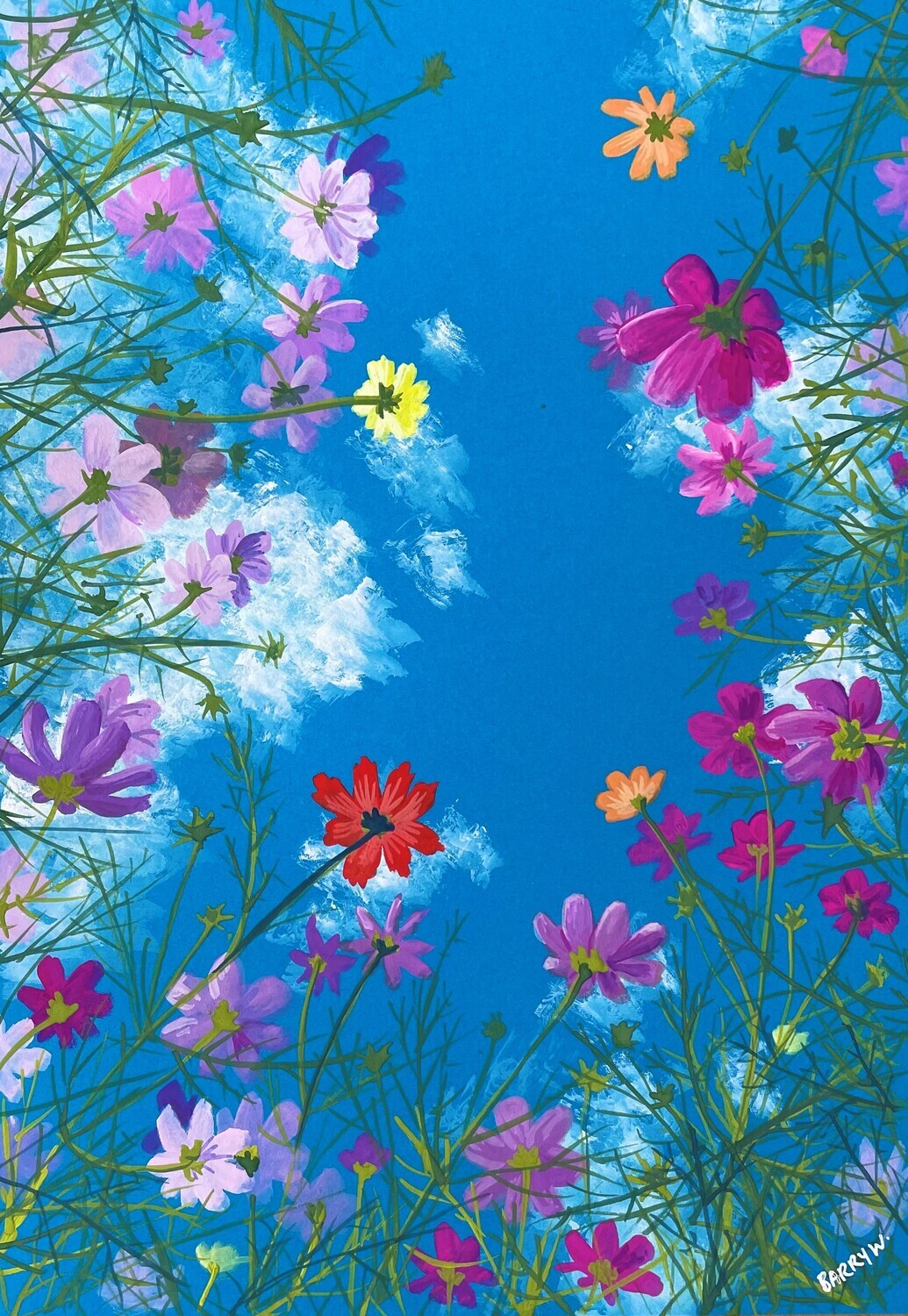 Ant&#39;s Eye View of Flowers and Sky in Gouache