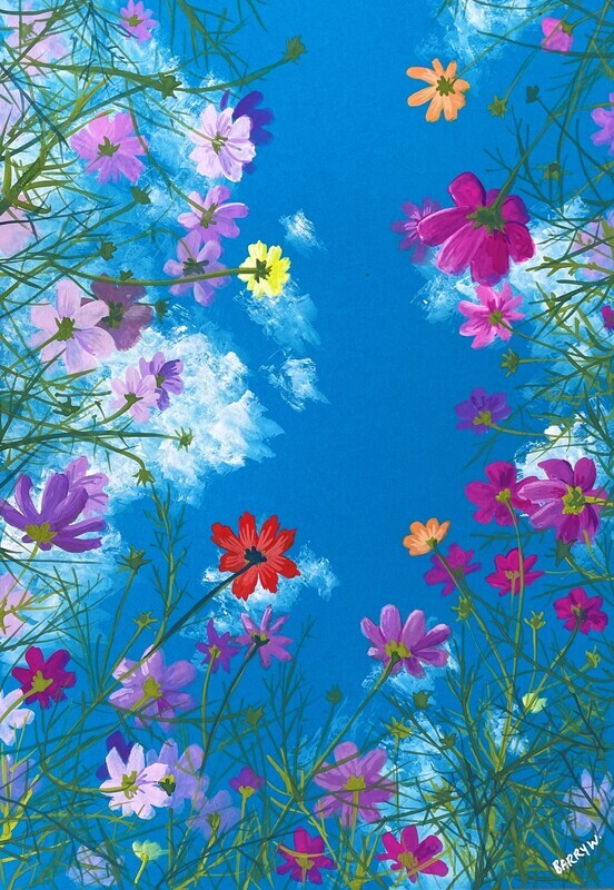 Ant&#39;s Eye View of Flowers and Sky in Gouache