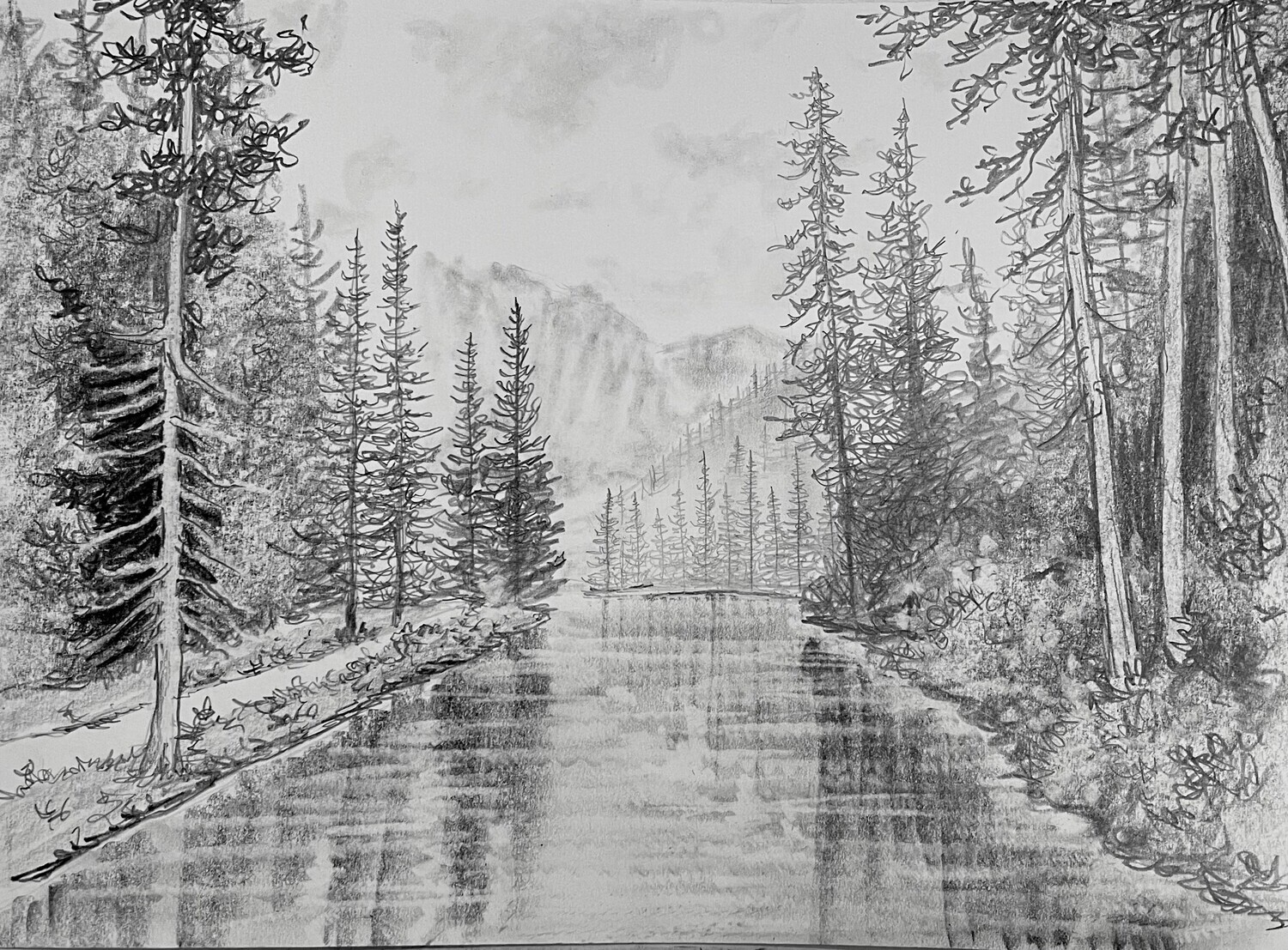River and Trees in Pencil