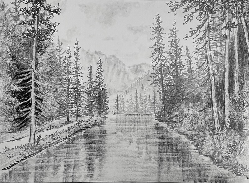 River and Trees in Pencil