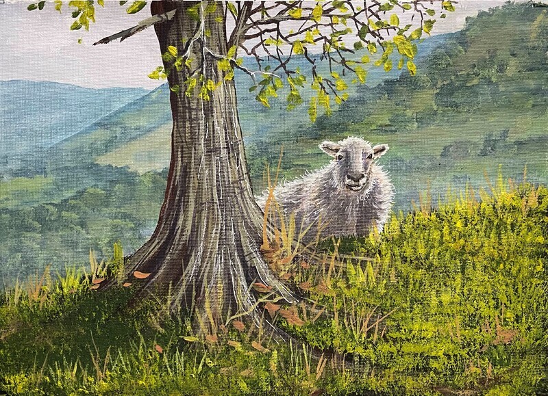 Sheep Behind a Tree in Acrylics