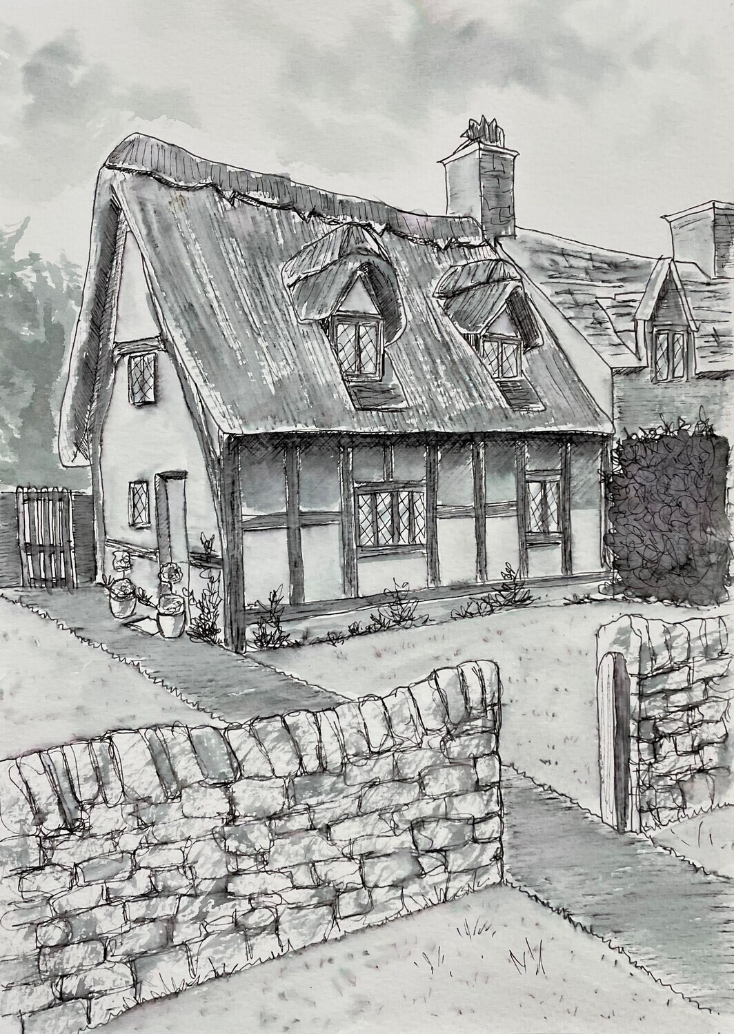 English Country Cottage in Pen and Wash