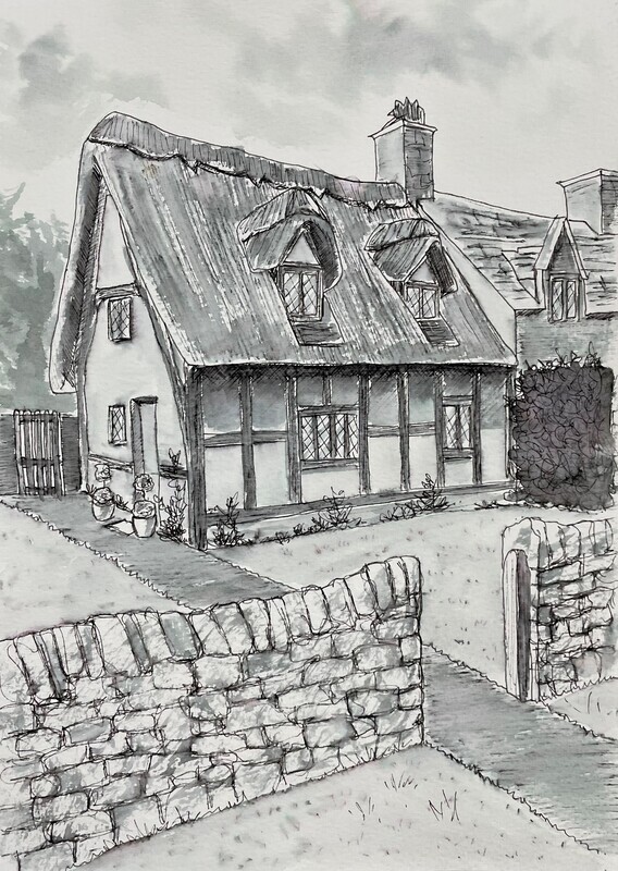English Country Cottage in Pen and Wash