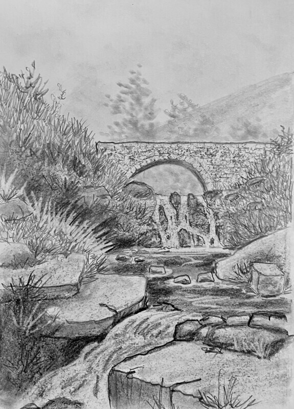 Three Shires Head Waterfall in Pencil