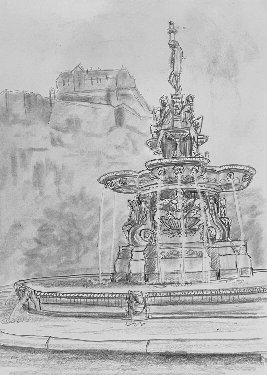 Ornate Water Fountain in Pencil