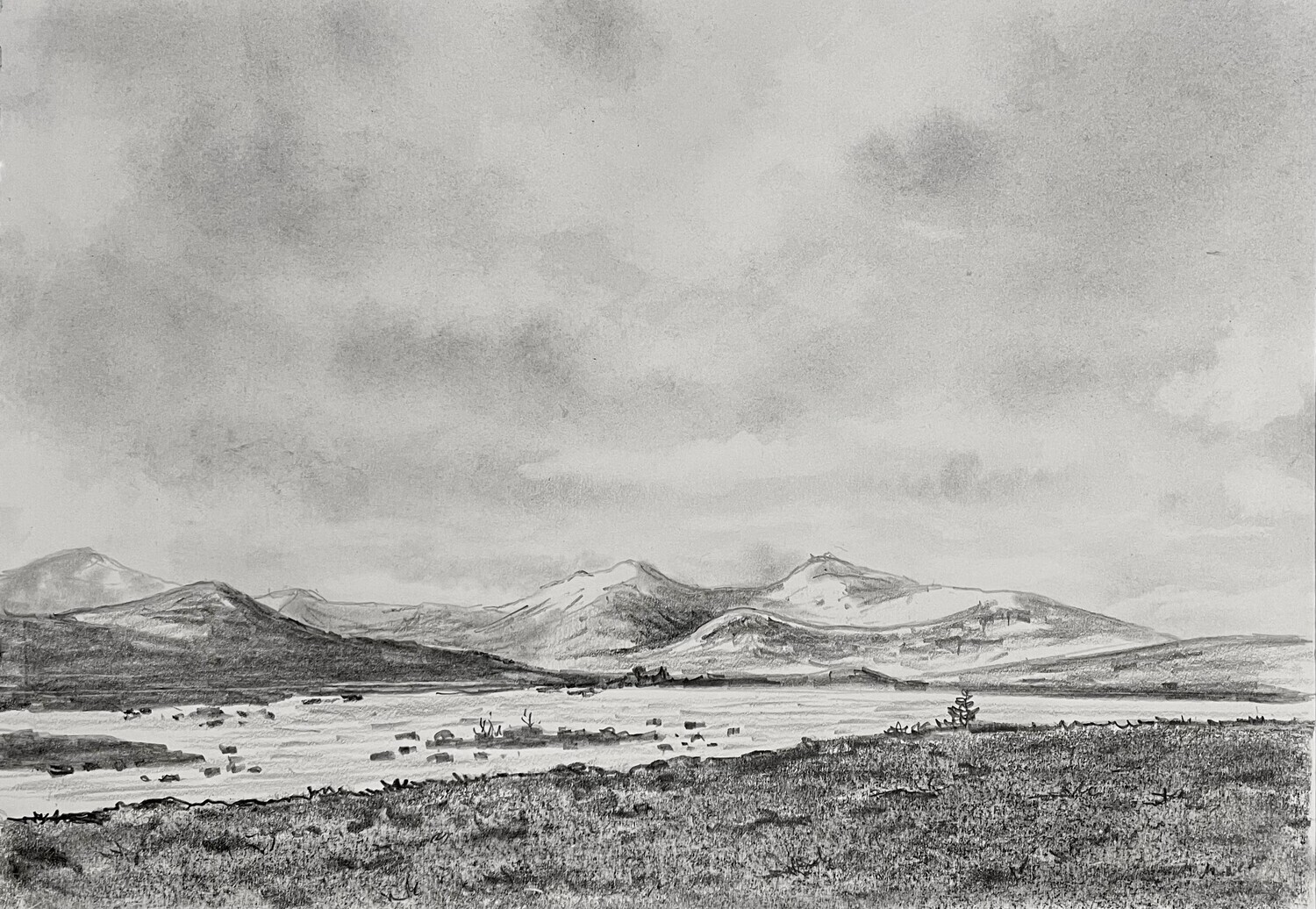 Panoramic Mountain and Lake in Pencil