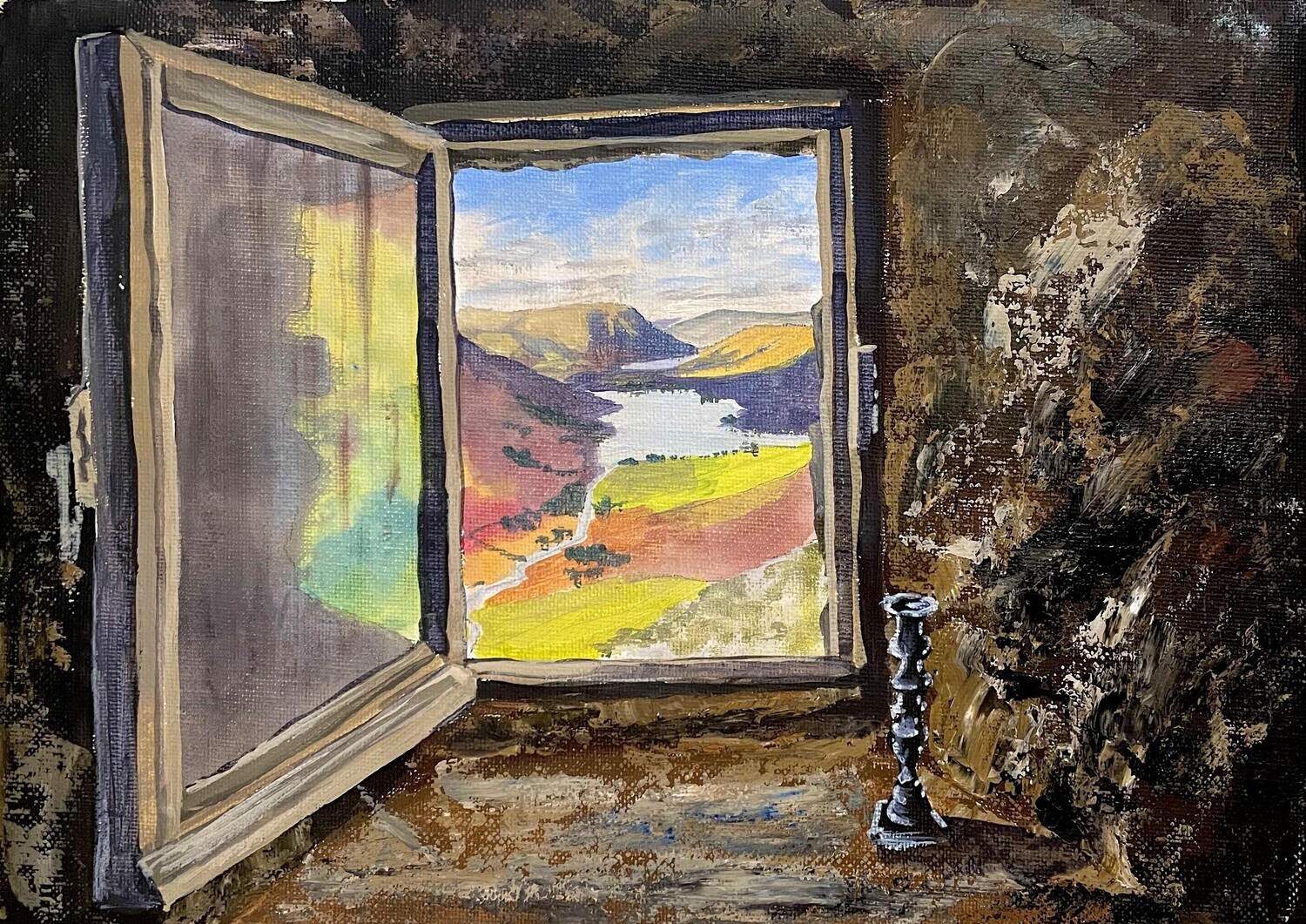 Lake and Mountain View Through a Cottage Window in Acrylics
