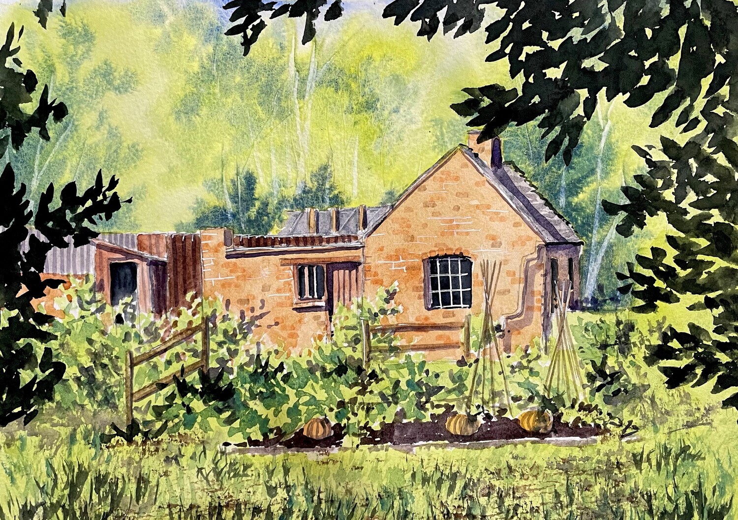Brick Building &amp; Garden in Watercolour
