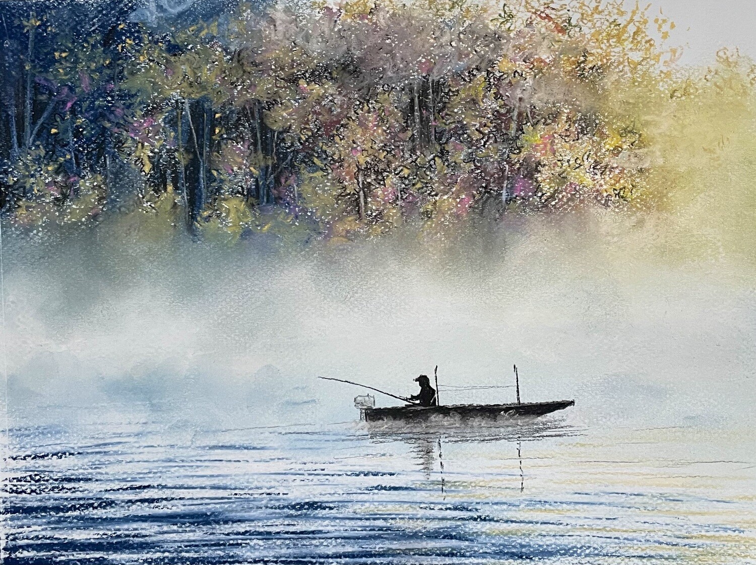 Fishing Boat on a Misty Lake in Pastels