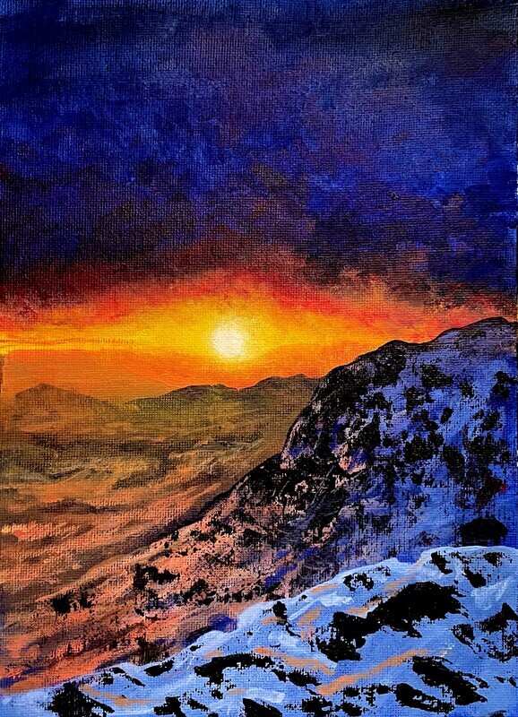 Snowy Mountains at Last Light in Acrylics