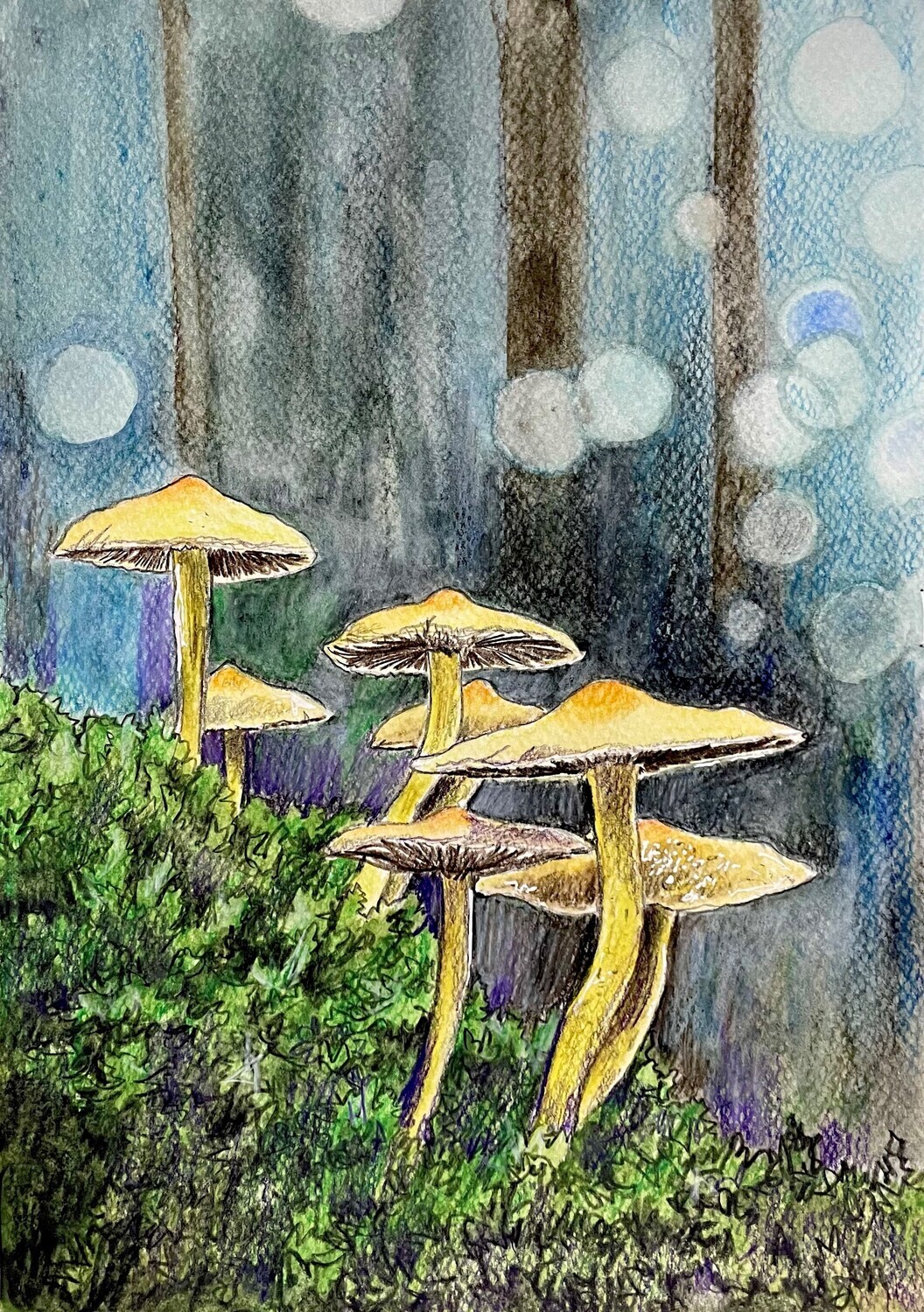 Toadstools in Moss in Watercolour Pencils