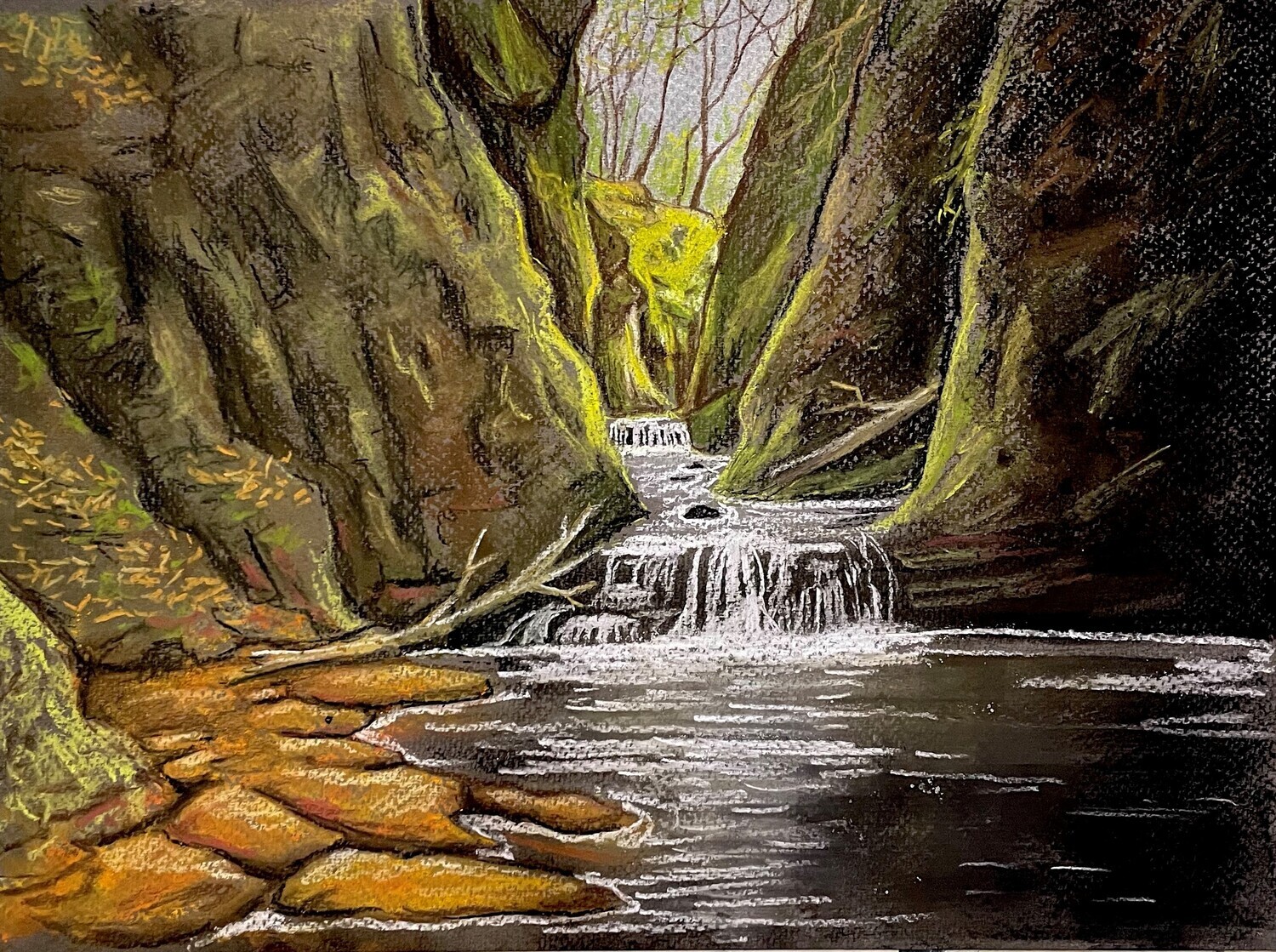 Waterfall, Rocks, and Reflection in Pastels
