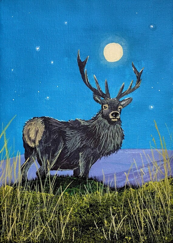 Stag in Moonlight in Acrylics