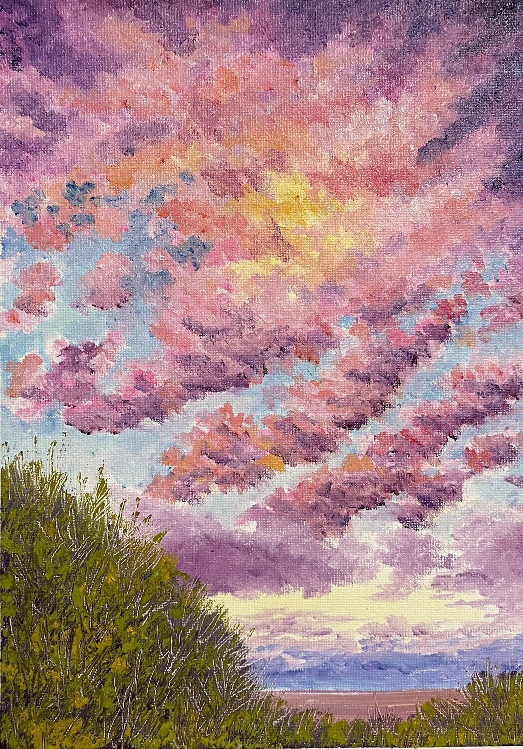 Fluffy Pink Clouds and Grass in Oils