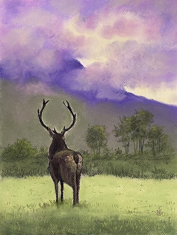Stag and Misty Mountains in Pastels