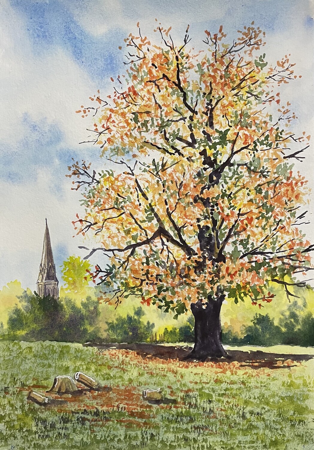 Edensor, Tree and Church in Watercolour