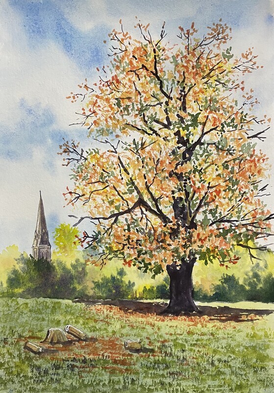 Edensor, Tree and Church in Watercolour