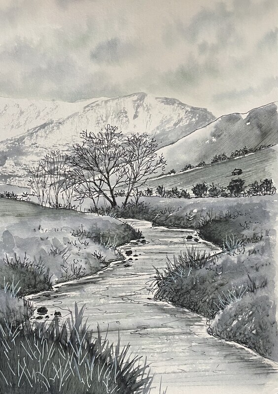 Mountain &amp; River in Pen and Wash