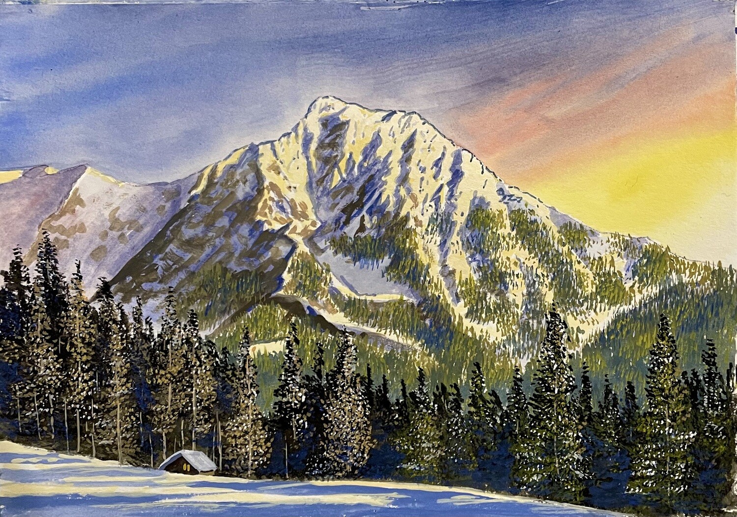 Snowy Mountains and Trees at Sunset in Gouache