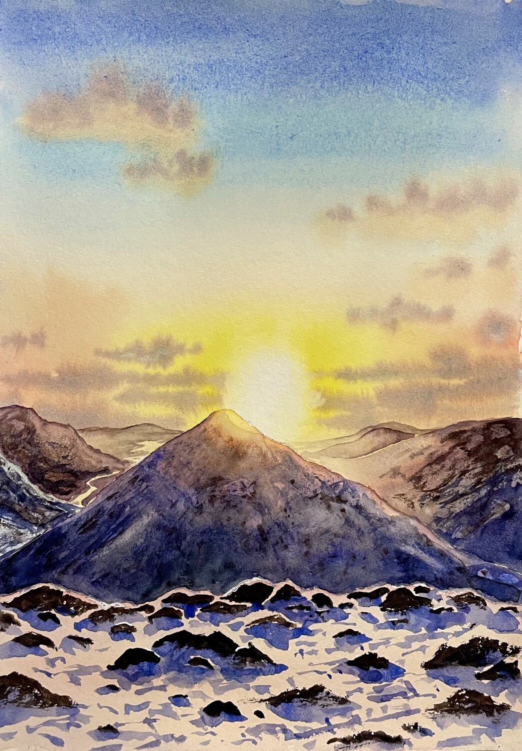 Scottish Mountain Tops in the Snow at Sunset in Watercolour