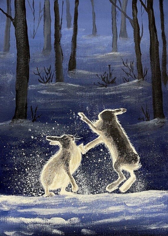 Two Hares Fighting in the Snow in Acrylics