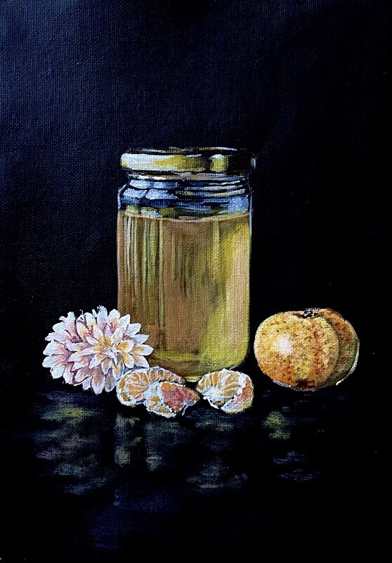 Still Life: Jar of Honey and an Orange in Acrylics