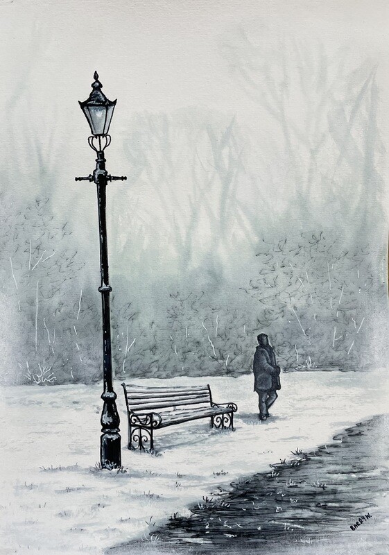 Snowy Lane and Street Lamp in Pen &amp; Wash