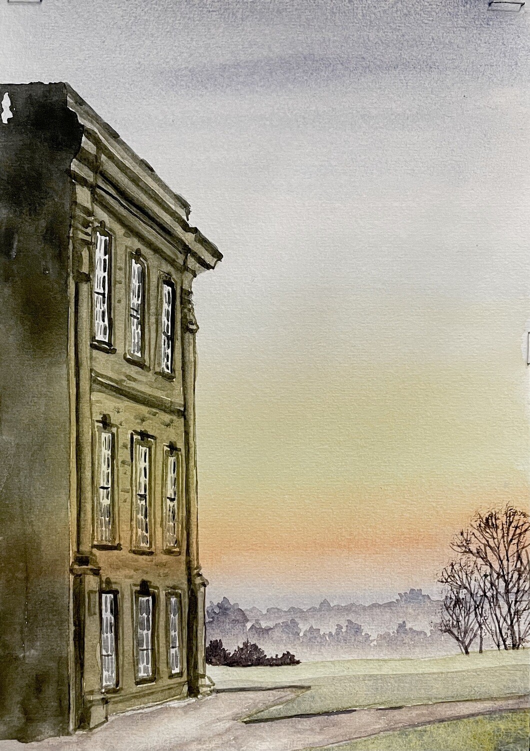 Country House in Silhouette on a Misty Early Morning in Watercolour
