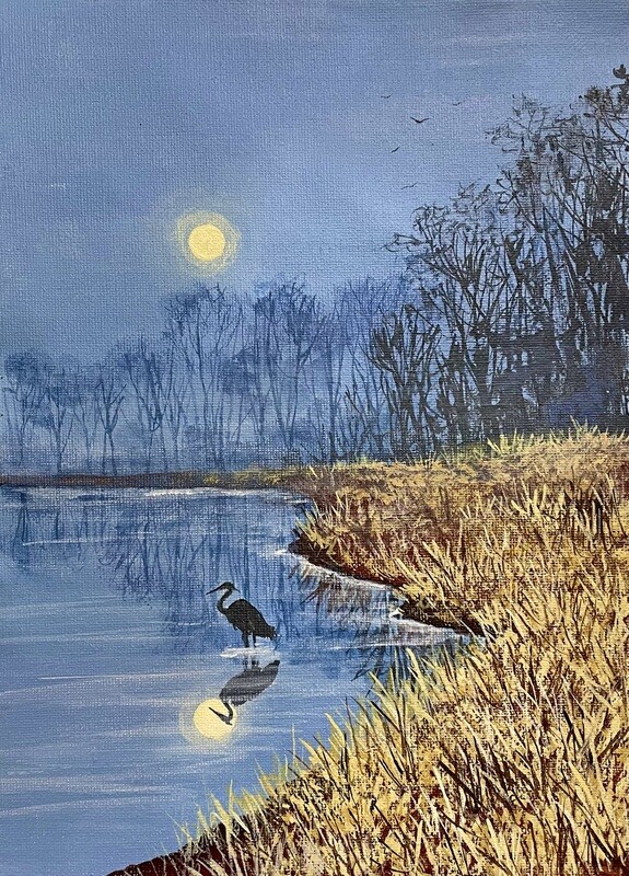 Heron in a Lake at Moonlight in Acrylics