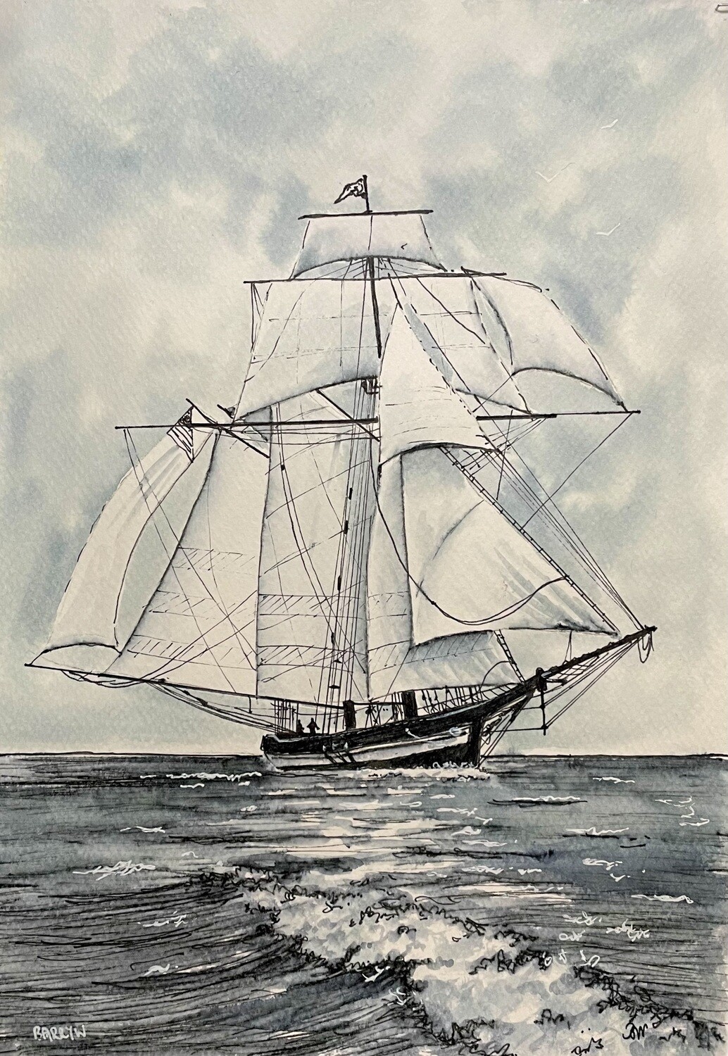 Ship with Sails at Sea in Pen &amp; Wash