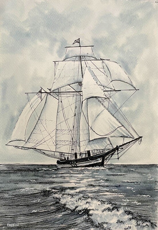 Ship with Sails at Sea in Pen &amp; Wash